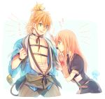  2boys armor blonde_hair blue_eyes crossdressinging dress green_eyes ichigo_hitofuri japanese_armor japanese_clothes kamekichi kokoen kote male_focus midare_toushirou multiple_boys open_mouth orange_hair otoko_no_ko smile touken_ranbu translation_request turtle urashima_kotetsu 