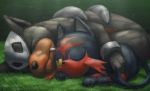  :&lt; absurdres cat closed_eyes closed_mouth cuffs dappled_sunlight dog fang fang_out grass highres houndour hug litten_(pokemon) looking_at_another no_humans on_ground one_eye_closed pokemon pokemon_(creature) pokemon_(game) pokemon_gsc pokemon_sm red_eyes shade sleeping sunlight t@kuyoa yellow_sclera 