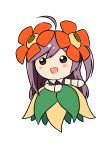  1girl :d ahoge bellossom bellossom_(cosplay) blouse blush_stickers commentary_request flower gloves hagikaze_(kantai_collection) hair_flower hair_ornament highres kamelie kantai_collection leaf leaf_skirt long_hair looking_at_viewer open_mouth pokemon purple_hair side_ponytail simple_background smile solo vest white_background white_blouse white_gloves 
