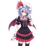  1girl alternate_costume bat_wings black_legwear blue_hair cowboy_shot criss-cross_halter cross-laced_clothes frilled_skirt frills halter_top halterneck hat junior27016 lolita_fashion mob_cap pointy_ears puffy_short_sleeves puffy_sleeves red_eyes remilia_scarlet short_hair short_sleeves simple_background skirt smile solo thigh-highs touhou white_background wings wrist_cuffs zettai_ryouiki 