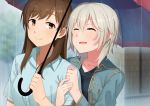  2girls anastasia_(idolmaster) blush brown_eyes brown_hair closed_eyes dacchi highres idolmaster idolmaster_cinderella_girls locked_arms long_hair multiple_girls nitta_minami rain short_hair silver_hair smile umbrella 