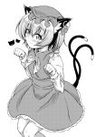  1girl animal_ears blush cat_ears cat_tail chen dress earrings hat jewelry looking_at_viewer monochrome multiple_tails paw_pose short_hair solo tail tatsuya_(guild_plus) touhou 