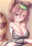  1girl animal_ears bare_shoulders breasts brown_hair cleavage collarbone dior-zi eyebrows eyebrows_visible_through_hair futatsuiwa_mamizou glasses highres large_breasts leaf leaf_on_head looking_at_viewer raccoon_ears raccoon_tail short_hair smile solo tail touhou 
