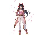  &gt;:) 1girl ankle_boots black_hair boots bow brown_eyes coattails fingerless_gloves gloves granblue_fantasy hair_bow hand_on_hip long_hair long_sleeves looking_at_viewer military military_uniform minaba_hideo official_art pants petals pink_boots ponytail red_bow sakura_taisen shinguuji_sakura solo standing transparent_background uniform white_gloves white_pants 