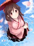  blush brown_hair harukaze_(kantai_collection) kantai_collection kimono personfiication red_eeys short_hair sky smile water 