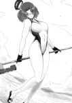  1girl blush competition_swimsuit glaive gloves kantai_collection mechanical_halo monochrome one-piece_swimsuit short_hair swimsuit tatsuta_(kantai_collection) tobisawa 