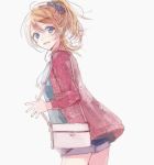  1girl ayase_eli bag blonde_hair blue_eyes cowboy_shot from_side grey_background holding_strap long_sleeves looking_at_viewer looking_back love_live!_school_idol_project mochi_sakura pale_color parted_lips ponytail scrunchie shoulder_bag simple_background smile solo sweater 