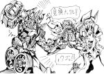  2boys autobot battle clenched_hand decepticon face_punch in_the_face injury japanese kamizono_(spookyhouse) machine machinery mecha megatron monochrome multiple_boys no_humans open_mouth optimus_prime punching robot science_fiction transformers translation_request 