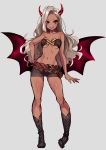  1girl absurdres bat_wings blush breasts demon demon_girl demon_horns demon_wings fangs highres horns long_hair looking_at_viewer miniskirt simple_background skirt smile solo westxost_(68monkey) wings 