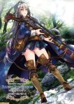  1girl ahoge ass blue_clothes boots braid brown_boots brown_footwear cape cover cover_page crop_top from_behind granblue_fantasy gun haiero hair_between_eyes long_hair long_sleeves looking_at_viewer miniskirt outdoors rifle river silva_(granblue_fantasy) silver_hair skirt smile sniper_rifle thighs twin_braids very_long_hair wavy_hair weapon yellow_eyes 