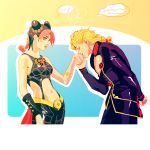  ! ... arm_behind_back black_hair blonde_hair braid butterfly closed_eyes double_bun giorno_giovanna hair_tie hand_kiss holding_hand jojo_no_kimyou_na_bouken kiss kuujou_jolyne lipstick makeup midriff misumi_(oi-xxx) multicolored_hair navel_piercing piercing pink_hair single_braid spoken_ellipsis spoken_exclamation_mark tattoo two-tone_hair wrist_cuffs yellow_eyes yellow_lipstick 