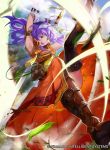  1girl :d ahoge armpits bare_shoulders boots copyright_name elbow_gloves fire_emblem fire_emblem:_souen_no_kiseki fire_emblem_cipher gloves green_eyes hairband long_hair mayo_(becky2006) official_art open_mouth purple_hair sleeveless smile solo sword thigh-highs thigh_boots wayu_(fire_emblem) weapon white_gloves 