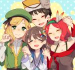  1boy 3girls ^_^ bare_shoulders blonde_hair brown_hair closed_eyes dress en_or feathers green_eyes hair hair_ornament hat holding_hands kusagi_(murasaki) mask mole mole_under_eye multiple_girls murasaki_(game) redhead shiho_(murasaki) smile tomato_(murasaki) yuna_(murasaki) 