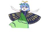  1girl blue_hair butterfly_wings dress eternity_larva green_dress hidden_star_in_four_seasons itatatata leaf leaf_on_head smile solo touhou wings 