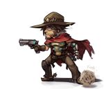  1boy brown_hair chibi cigar cowboy_hat gun handgun hat highres langbazi mccree_(overwatch) overwatch revolver smoking solo tumbleweed weapon 