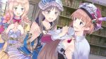  3girls atelier_(series) atelier_meruru atelier_rorona atelier_totori blue_eyes breasts brown_eyes brown_hair cleavage collarbone detached_sleeves hair_ornament hat jewelry kishida_mel light_brown_hair long_hair merurulince_rede_arls multiple_girls necklace open_mouth rororina_fryxell sweatdrop tears totooria_helmold 