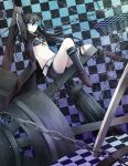  1girl belt black_bikini_top black_boots black_hair black_rock_shooter black_rock_shooter_(character) black_shorts black_sweater blue_eyes boots breasts burning_eyes cardigan chain checkered checkered_background checkered_floor front-tie_bikini front-tie_top highres long_hair navel open_cardigan open_clothes scar shorts sitting solo sweater under_boob 