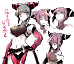  1girl abs bangs bare_shoulders bracelet breasts capcom character_sheet detached_sleeves drill_hair eyepatch halter_top halterneck han_juri jewelry looking_at_viewer looking_down marimo_(yousei_ranbu) navel perky_breasts serious simple_background spiked_bracelet spikes street_fighter street_fighter_iv super_street_fighter_iv surprised toned tongue tongue_out translation_request twin_drills under_boob white_background 
