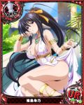  1girl armlet artist_request black_hair bracelet card_(medium) character_name chess_piece covered_nipples high_school_dxd himejima_akeno jewelry long_hair long_ponytail necklace official_art queen_(chess) torn_clothes trading_card very_long_hair violet_eyes 
