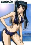 1girl bikini black_bikini black_hair breasts character_name cleavage d.gray-man hanzou lenalee_lee long_hair looking_at_viewer navel open_mouth simple_background solo swimsuit 