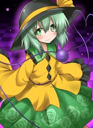  1girl blush bow checkered checkered_floor frills green_eyes green_hair hat hat_bow heart heart_of_string komeiji_koishi long_sleeves nikke rose_print solo touhou wide_sleeves 