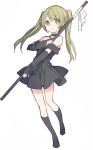  1girl dress green_eyes green_hair hijiri_(resetter) holding holding_weapon kneehighs mary_janes original shoes sketch tagme twintails 