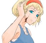  1girl alice_margatroid bare_shoulders blonde_hair blue_eyes commentary cracked_skin frown hand_in_hair short_hair solo toucanpecan touhou upper_body 