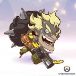  1boy artist_request blonde_hair chibi copyright_name eyebrows full_body junkrat_(overwatch) lowres male_focus mechanical_arm official_art open_mouth overwatch shirtless solo thick_eyebrows tire weapon 