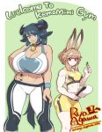  2girls agawa_ryou animal_ears ass bell bell_collar blue_eyes blue_hair blue_nails breasts brown_hair cleavage clipboard collar cow_ears cow_horns dark_skin grin horns large_breasts long_hair looking_at_viewer multiple_girls nail_polish navel original ponytail rabbit_ears smile very_long_hair wrestling_outfit wristband 