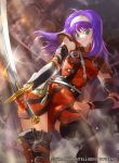  1girl ahoge asymmetrical_clothes bare_shoulders belt copyright_name detached_sleeves fire_emblem fire_emblem:_souen_no_kiseki fire_emblem_cipher gloves green_eyes hairband hand_on_hip long_hair mayo_(becky2006) official_art purple_hair smile solo sword thigh-highs wayu_(fire_emblem) weapon zettai_ryouiki 