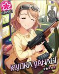  1girl artist_request bracelet brown_hair card_(medium) character_name closed_eyes earrings flower_(symbol) glasses_on_head gun idolmaster idolmaster_cinderella_girls jewelry long_hair necklace official_art pants shirt submachine_gun thompson_submachine_gun weapon yanagi_kiyora yellow_shirt 