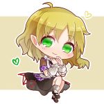  1girl ahoge arm_warmers black_skirt blonde_hair chibi eyebrows eyebrows_visible_through_hair full_body green_eyes heart kasuura_(cacula) light_brown_background looking_at_viewer mary_janes mizuhashi_parsee pointy_ears scarf shoes simple_background skirt smile socks solo touhou 