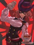  1girl belt breasts brooch brown_hair buckle closed_mouth cowboy_shot cravat cup dress_shirt drink dutch_angle framed_breasts gloves hat hat_ribbon highres holding holding_plate jewelry long_sleeves looking_at_viewer mask okumura_haru outstretched_arms persona persona_5 plate pouring purple_hat red_background red_eyes ribbon saucer shirt short_hair smile solo takenisketch tea teacup teapot vest white_shirt 