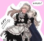  2girls artist_name blush brown_hair cape dl english fang felicia_(fire_emblem_if) fire_emblem fire_emblem_if flying_sweatdrops grin lifting_person maid maid_headdress multiple_girls my_unit_(fire_emblem_if) open_mouth pointy_ears silver_hair smile yuri 