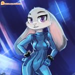    1girl artist_name breasts cowboy_shot female furry hands_on_hips judy_hopps looking_at_viewer lumineko patreon rabbit solo violet_eyes zero_suit zootopia 