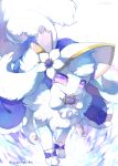  alternate_color artist_name blue_ribbon bonnet bow brooch clothed_pokemon crying flareon hideko_(l33l3b) highres jewelry looking_at_viewer no_humans pokemon pokemon_(creature) pokemon_(game) ribbon simple_background solo tears violet_eyes white_background white_bow white_flower 