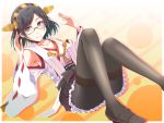  1girl bare_shoulders black_hair black_legwear blue_eyes glasses gradient_hair green-framed_glasses hairband headgear kantai_collection kirishima_(kantai_collection) multicolored_hair nontraditional_miko ribbon-trimmed_sleeves ribbon_trim short_hair smile solo twinameless 