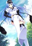  1girl akame_ga_kill! belt blue_eyes blue_hair boots breasts cleavage esdeath from_below hand_on_hip hat highres long_hair looking_at_viewer outdoors smile solo thigh-highs thigh_boots uniform white_legwear 