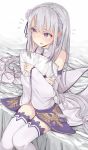  bed_sheet emilia_(re:zero) highres monobe_tsukuri pillow re:zero_kara_hajimeru_isekai_seikatsu silver_hair thigh-highs violet_eyes 