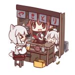  &gt;_&lt; 0_0 3girls alcohol animal_ears beer beer_mug black_legwear brown_eyes brown_hair chibi closed_eyes detached_sleeves grill grilling inubashiri_momiji multiple_girls mystia_lorelei nuu_(nu-nyu) sitting skirt tail teapot touhou white_hair wolf_ears wolf_tail 