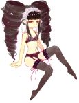  1girl artist_request bangs black_hair black_legwear blunt_bangs bonnet bow bra breasts celestia_ludenberck dangan_ronpa dangan_ronpa_1 drill_hair garter_belt garter_straps lace lace-trimmed_bra lace-trimmed_panties lingerie long_hair navel panties red_eyes ribbon simple_background sitting smile solo thigh-highs twin_drills twintails underwear very_long_hair white_background 