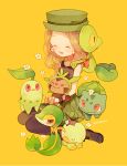  1girl :d ^_^ black_shoes bow brown_eyes brown_hair bulbasaur character_request chespin chikorita closed_eyes earrings fang flower flower_earrings green_skirt hat hat_bow holding jewelry open_mouth pantyhose pechika pokemon pokemon_(creature) red_eyes ribbon shoes sitting skirt sleeveless smile snivy solo treecko turtwig twitter_username u_u wristband x) yellow_background 