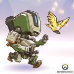  artist_request bastion_(overwatch) bird chibi copyright_name looking_back lowres no_humans official_art overwatch robot running solo 