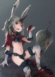  1girl animal_ears blood capelet grey_hair highres horn lance long_hair open_mouth original polearm rabbit_ears red roll_okashi solo two_side_up weapon 