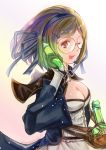  1girl ;d alchemist_(granblue_fantasy) black_gloves blonde_hair breasts capelet cleavage djeeta_(granblue_fantasy) glasses gloves granblue_fantasy hair_ornament hairband hairclip long_sleeves one_eye_closed open_mouth orange_eyes potion ribbon round_glasses satomi_hiroshi short_hair smile solo vial 