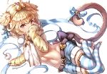  1girl anchira_(granblue_fantasy) antenna_hair artist_name beads bell belt belt_buckle black_bow blonde_hair blue_ribbon blush bow buckle closed_mouth covering_mouth eyebrows eyebrows_visible_through_hair fur_collar fur_trim granblue_fantasy groin hairband horizontal-striped_legwear jingle_bell long_sleeves looking_at_viewer magma_chipmunk midriff monkey_ears monkey_tail navel pom_pom_(clothes) red_eyes ribbon short_hair smile solo stomach tail tail_ribbon toeless_legwear 