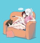  2girls blue_eyes blush brown_hair casual commentary controller couch error hair_ornament hairclip hug kuma_(bloodycolor) mouth_hold multiple_girls pillow ponytail remote_control ruby_rose rwby scrunchie sitting thought_bubble translation_request weiss_schnee white_hair wrong_feet yuri 