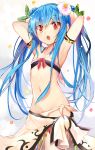  1girl adapted_costume armlet armpits bikini blue_hair efe flat_chest flower hair_flower hair_ornament highres hinanawi_tenshi long_hair navel open_mouth red_eyes sarong solo swimsuit touhou twintails 