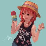  1girl adapted_costume black_shirt clothes_writing collarbone earrings food green_background hands_up hat hecatia_lapislazuli ice_cream ice_cream_cone jewelry kohzuki_kei necklace red_eyes redhead shirt shorts signature simple_background solo standing straw_hat tongue tongue_out touhou wristband 