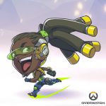  1boy artist_request black_hair chibi copyright_name dark_skin full_body long_hair lowres lucio_(overwatch) male_focus official_art open_mouth overwatch solo visor 